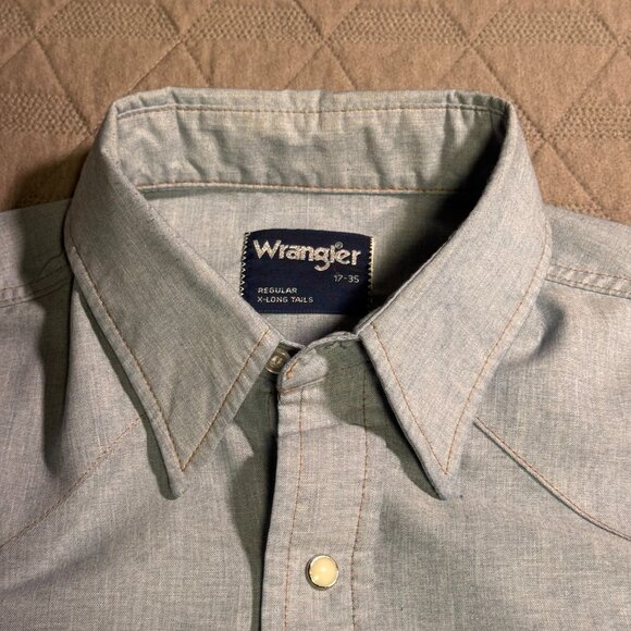 Wrangler Men’s Western Pearl Snap Chambray Shirt 17-35 Light Blue X-Long Tails - Picture 3 of 8